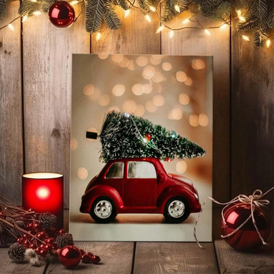 Christmas canvas wall art decor, Red Sedan with Cedar Trees and Lights, Festive Wall Decor for Living Room, Bedroom, Dining Room or Office, Adds Holiday Warmth to Your Home?11X14inch