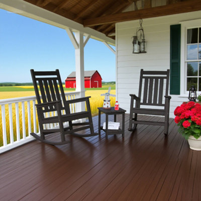 3-Piece All-Weather Grey Rocking Chair Set – Wood-Texture, 2 Chairs + 1 Side Table