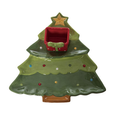 Christmas Chip & Dip Serving Platter Green Ceramic