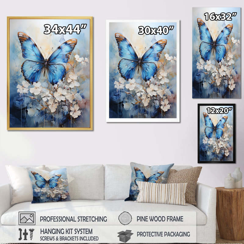 «Butterfly Ethereal Blues Form Abstract Elegance II», reproductions d'art mural papillon, H 44 po x l 34 po x P 1,5 po