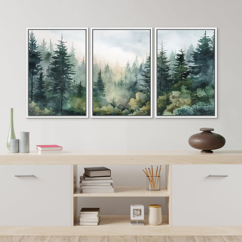 "Forêt enchantée, brume, aquarelle, pin, paysage, nature, désert, illustrations, décor moderne", 3 pièces, Blanc