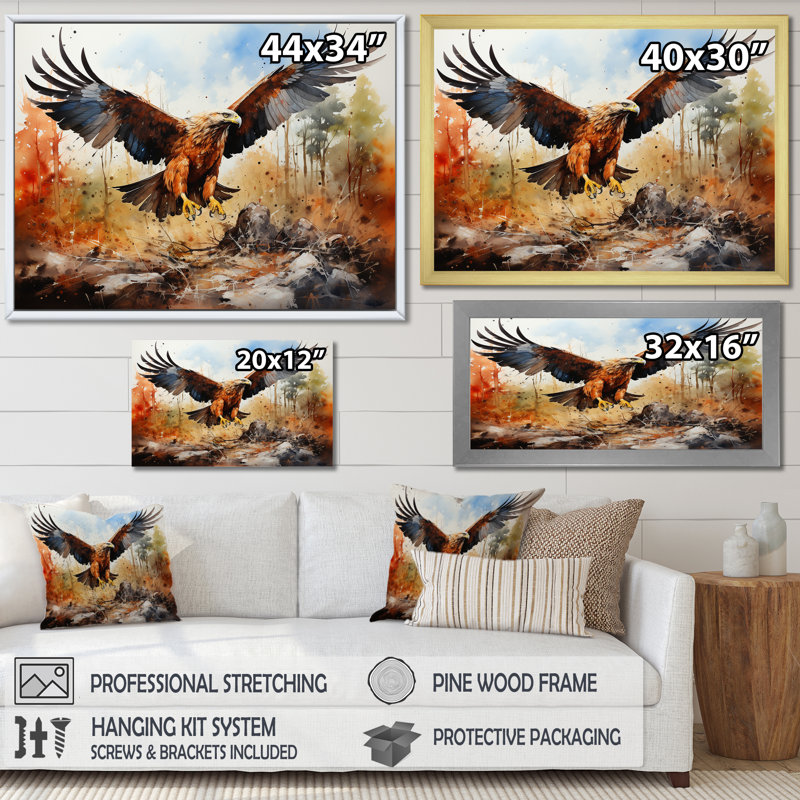 Aigle en vol chasse sur toile, H 12 po x l 20 po x P 1 po, Cadre flottant doré