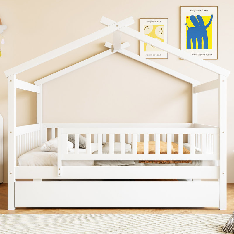 Lit double en bois avec lit gigogne simple, blanc, Double, Blanc