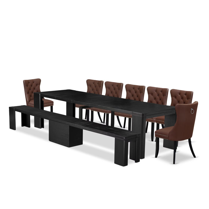 Ensemble de table de salle à manger 9 pièces Xtenczar comprenant une table de cuisine rectangulaire, un banc en bois et 7 chaises de salle à manger en tissu de polyester bourgogne