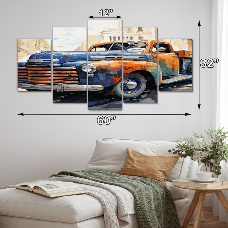 Orange orange bleu camionnette «Bold Contours I» - Art mural sur toile transport - 5 panneaux