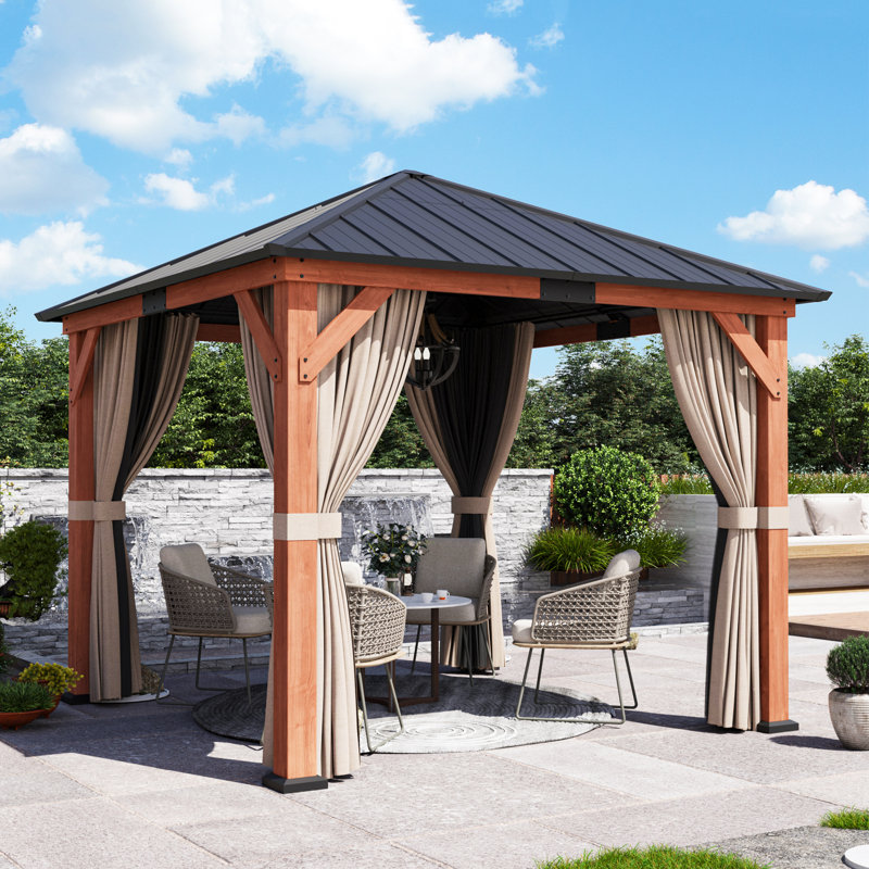 Hadley 10FT. X 10FT. Premium Cedar Wood Frame And  Steel Hardtop Pavilion Roof Gazebo With Mosquito Netting And Curtains