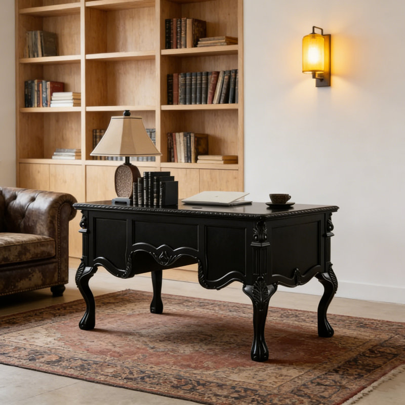 Bureau noir rétro de style français sculpté, H 30,7 po x l 59,0 po x P 29,5 po