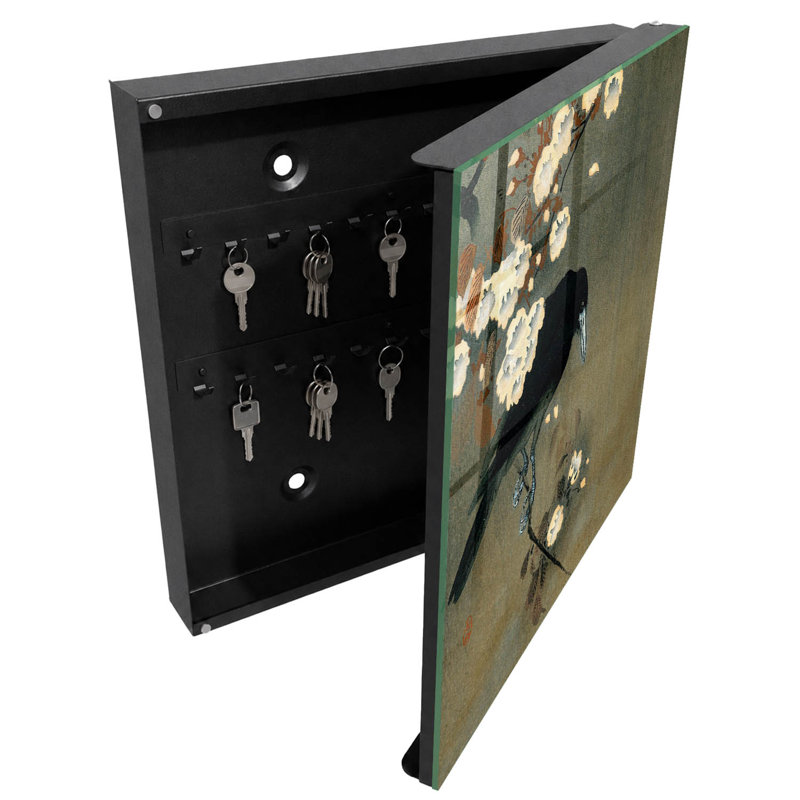 Key cabinet for home, Opens to the left, 30x30x5, White, A raven on a branch with white flowers, 