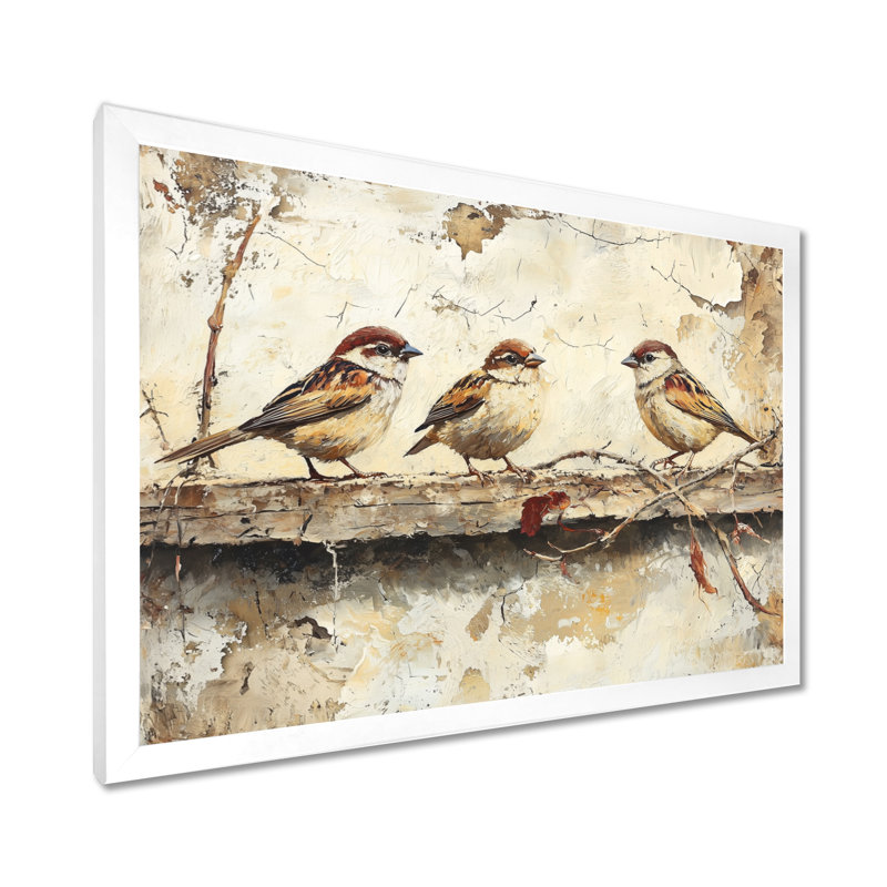 Bird Sparrows By The Farm House - art mural grand oiseau, H 12 po x l 20 po, Cadre simple, Blanc