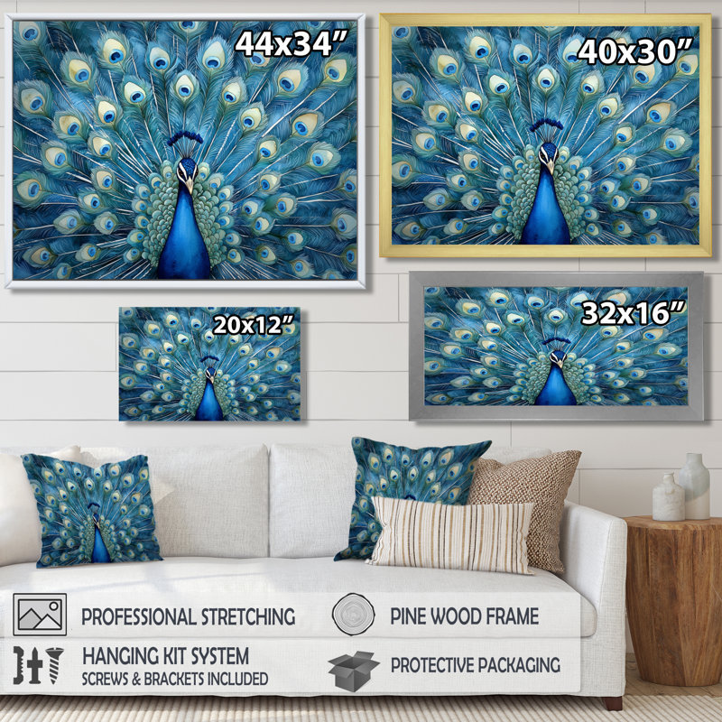 Royal Peacock Feather présent II - paon, art mural, H 34 po x l 44 po, Cadre flottant, Doré