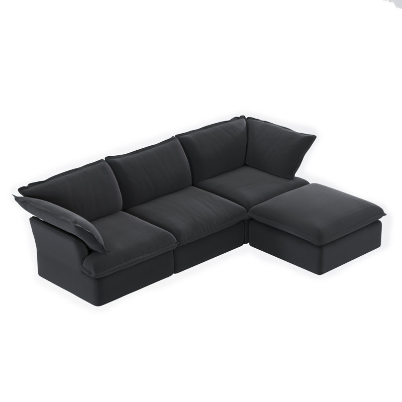 Fairford 4-Piece Upholstered Modern Corduroy Fabric Sectional Sofa With Ottomanl, Black Linen Blend