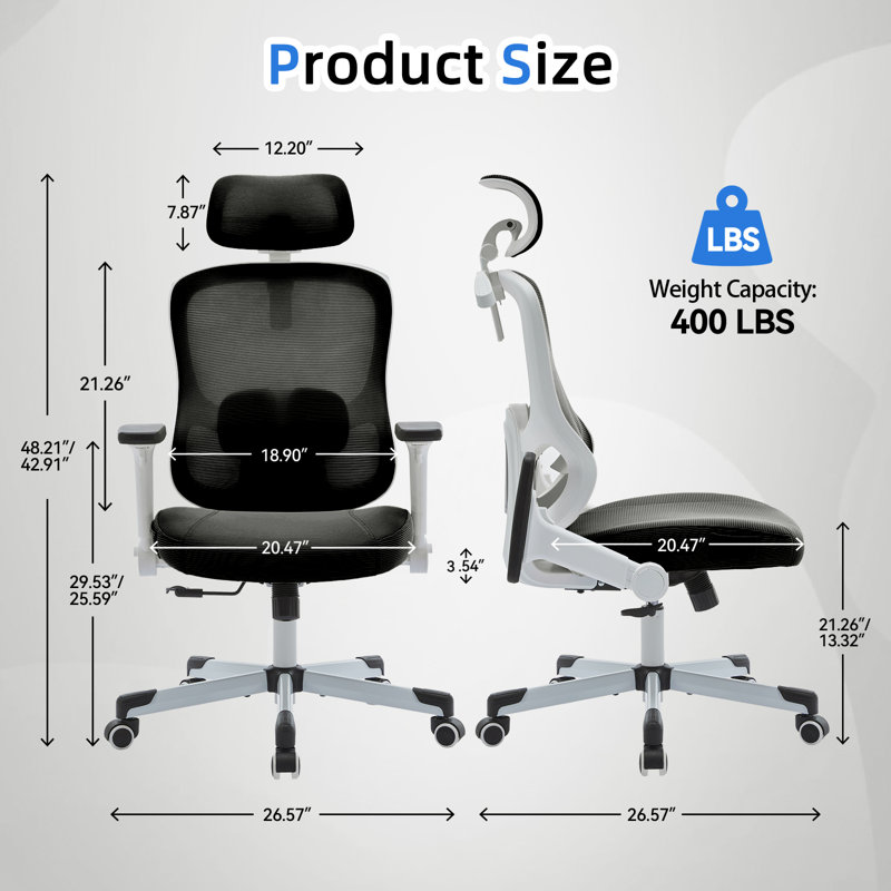 Mawgan Ergonomic Office Chair and Task Office Adjustable Lumbar Support 6D Armrest 6D Headrest Breathable Mesh, Black/White