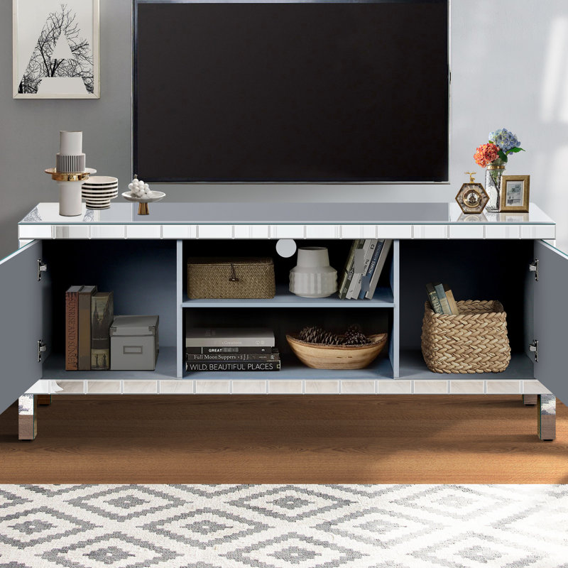 Meuble-télé en miroir à miroir, téléviseurs de 65 pouces et plus avec 2 armoires et rangement ouvert, armoire indispensable pour les téléviseurs de 65 pouces et plus, espace de rangement,