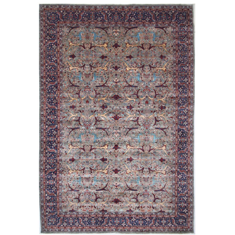 Tapis gris et bleu marine noué à la main de haute qualité