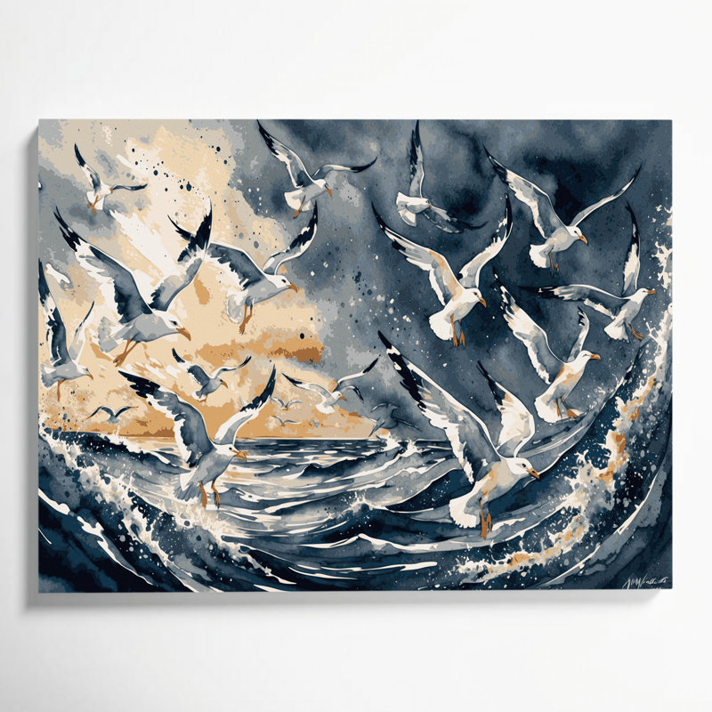 Oiseaux, goéland argenté et toile beige, H 20 po x l 24 po