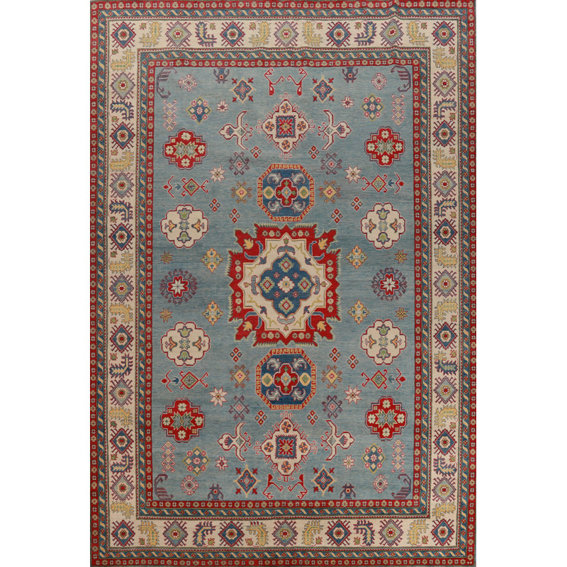 Tapis bleu clair clair à motif géométrique kazak 10x14