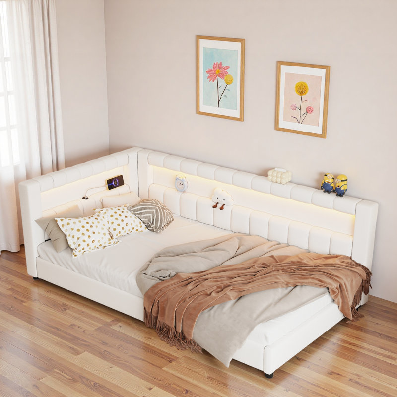 Upholstered Daybed With Usb Ports And Led Light Strips, Cream White, Extra-long Twin
