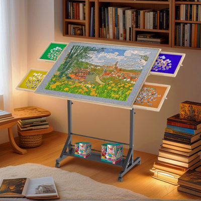 Table de casse-tête en bois 1500 pièces avec tiroir, table de casse réglable de 35 po x 27,17 po, table de casse-tête inclinable à 360 ° avec pieds et roulettes, hauteur et angle réglables, avec housse de protection