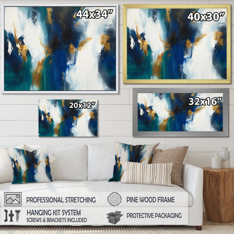 «Deep Knowing Abstract» en bleu royal et or - reproduction d'art sur toile, H 30 po x l 40 po x P 1,5 po, Cadre flottant noir