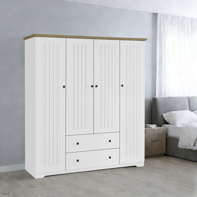 Armoire 4 portes en bois rustique avec 2 tiroirs et tringles à suspendre pour la chambre à coucher, finition blanche