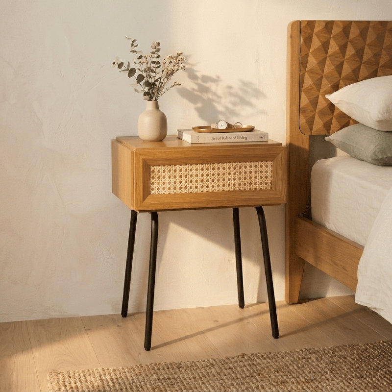 Table de chevet à tiroir NTC avec tiroir en rotin naturel NTC, Chêne rustique, 1