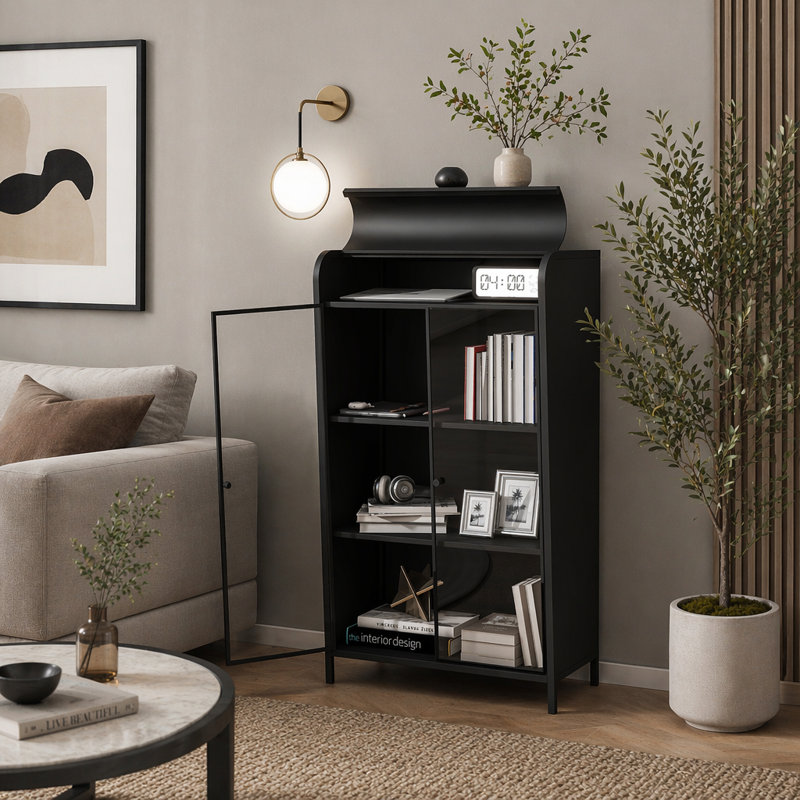 Armoire de rangement de 47,6 pouces de hauteur en métal avec portes en verre et plateau rabattable, présentoir à 4 niveaux avec tablettes ouvertes pour différentes pièces