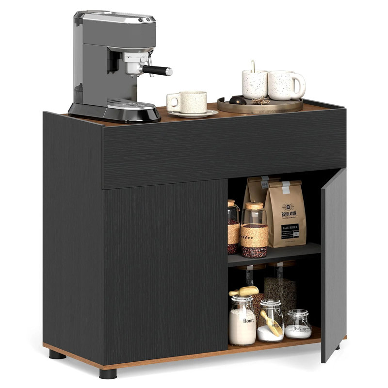 Wooden Coffee Bar Station Table With 1 Drawer & 2 Doors, Black