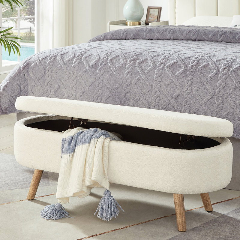 Oval Upholstered Storage Bench, Ivory
