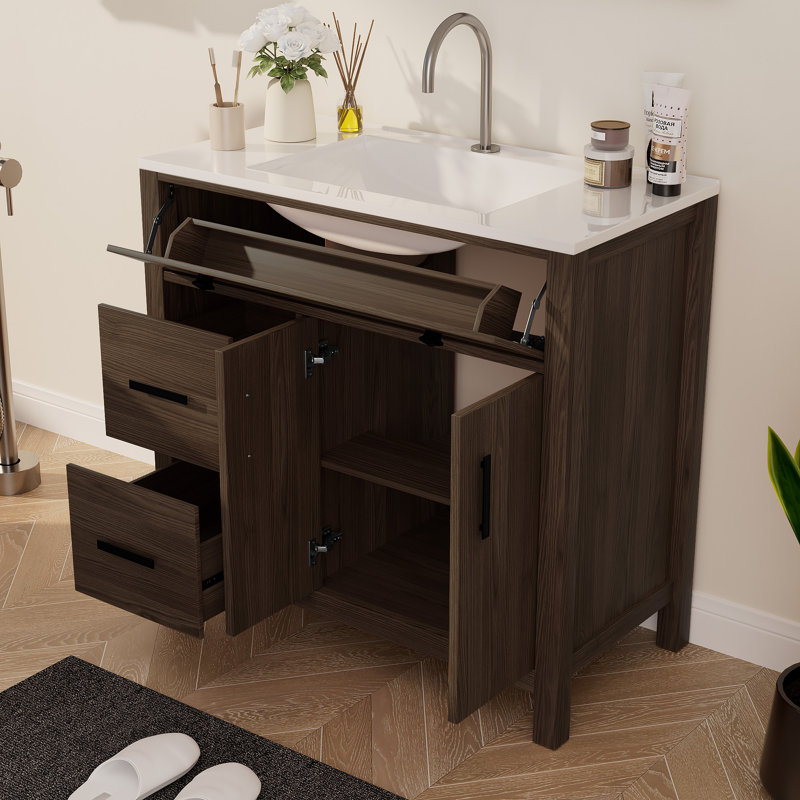 36" Single Bathroom Vanity with Resin Top and Sink Freestanding, Dark Brown