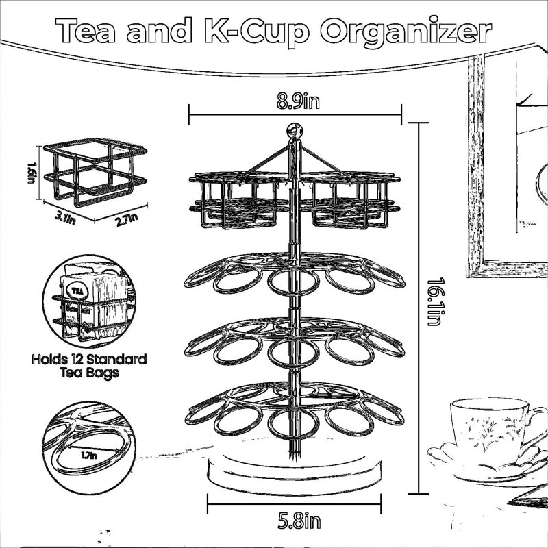 Organisateur de dosettes rotatives à 360 degrés, support de rangement en métal à 4 niveaux pouvant contenir 30 K-Cups et 48 sachets de thé, carrousel de comptoir peu encombrant pour la cuisine ou le bureau