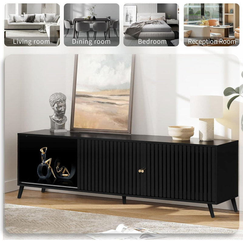 Black Mid-Century Modern TV Stand with Sliding Doors and Storage