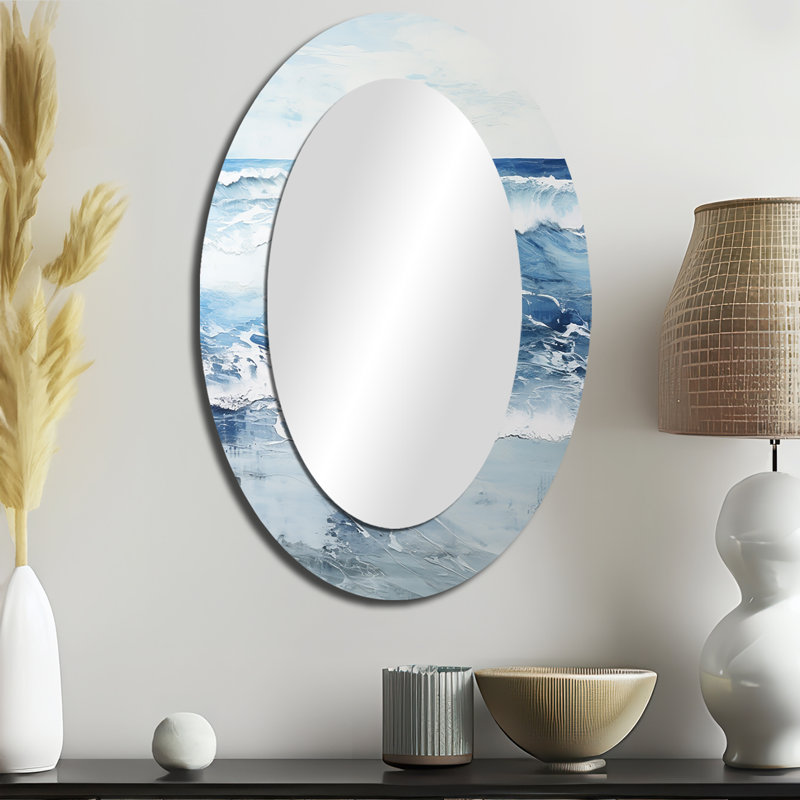 Soft Color Minimal Beach Wave - Grand miroir mural ovale sur métal, 36 po x 24 po