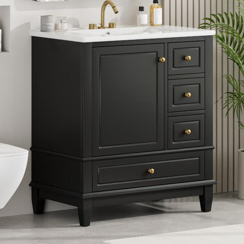 Meuble-lavabo 30 po avec lavabo, une porte avec tablette et trois tiroirs, porte à fermeture douce, noir, Noir
