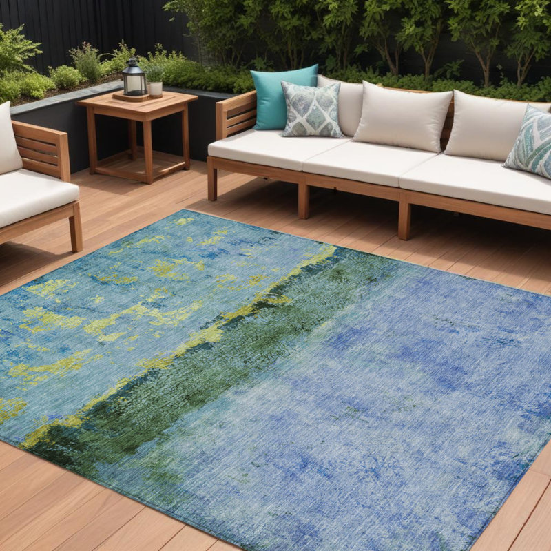 Tapis extérieur lavable abstrait bleu et vert lime 9 pi x 12 pi