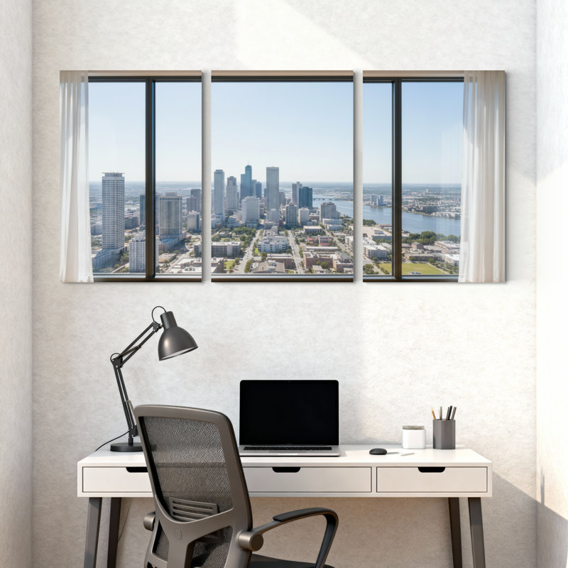 Ensemble de 3 impressions sur toile, "Scenic & Cityscapes Cityscape View Through Large Windows", H 36 po x l 72 po