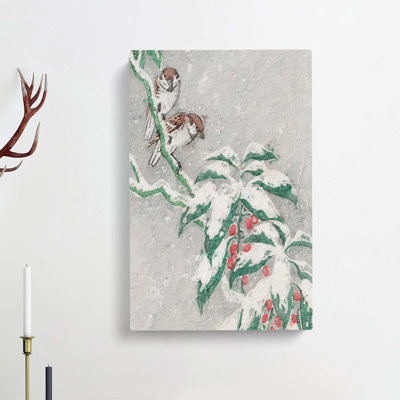 Sparrows On A Berry Bush by Ohara Koson - Wrapped Canvas