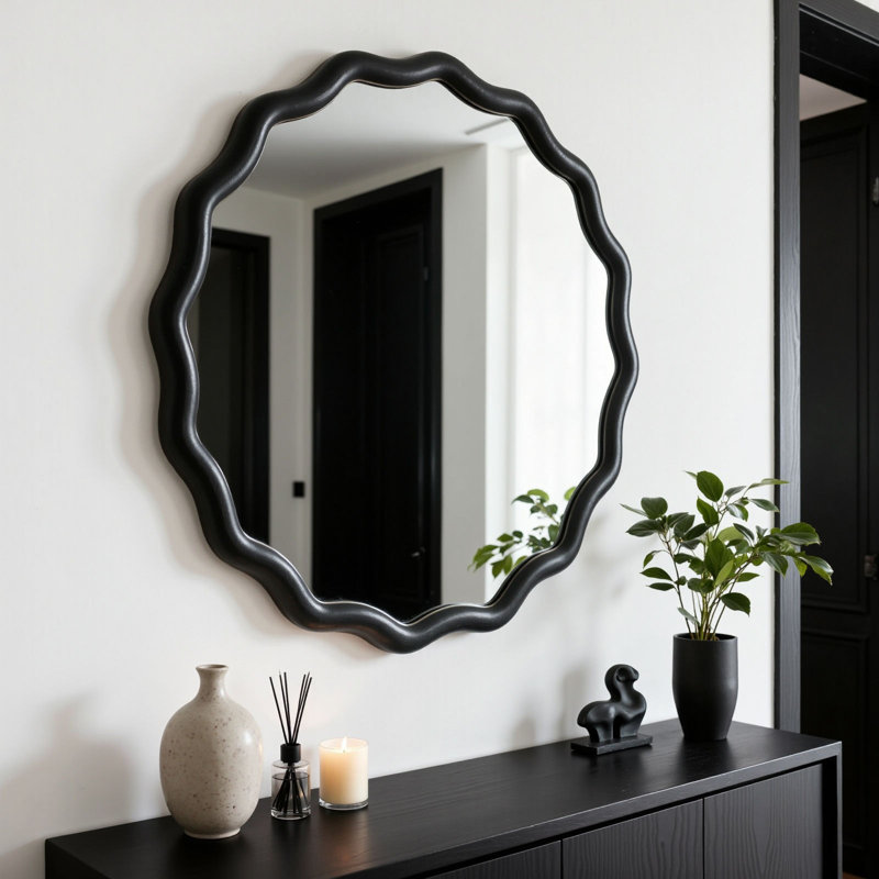 Irregular Wall Mirror,Wood Round Farmhouse Mirror Unique Vanity Mirror,24" Black Wooden Modern Bathroom Mirror for Washroom Living Room Bedroom