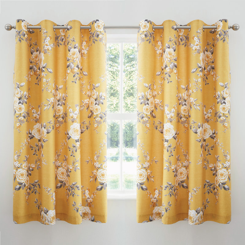 Canterbury Floral Lined Eyelet Curtains, Ochre
