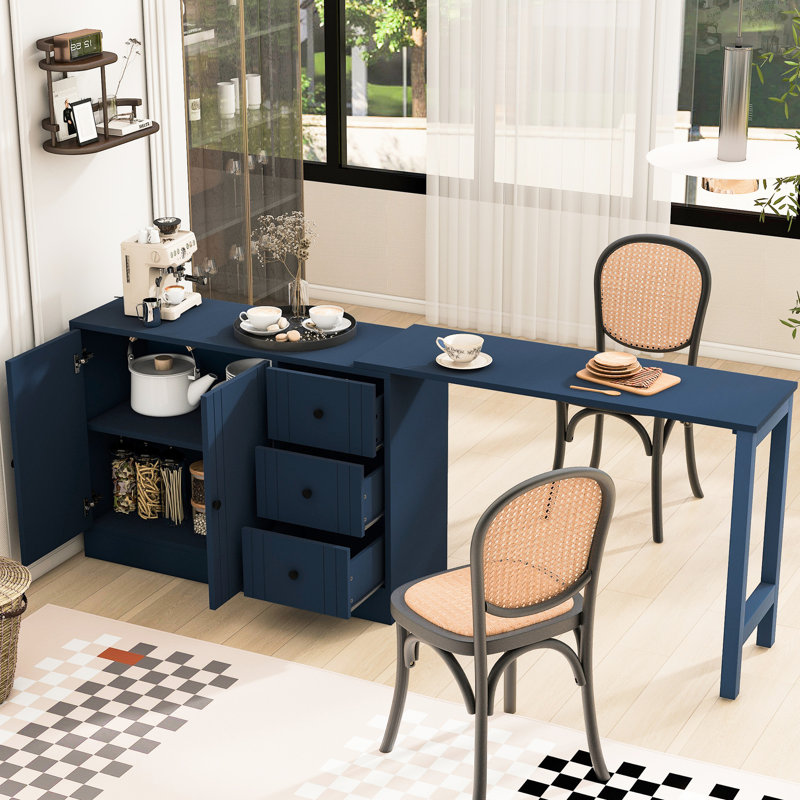 Buffet de 228 cm (89,7 po) de style américain avec table à manger coulissante, tiroirs à fermeture douce et 3 tiroirs, idéal pour un bureau. Finition en bois peinte, glissières métalliques silencieuses. Style traditionnel pour entrée.