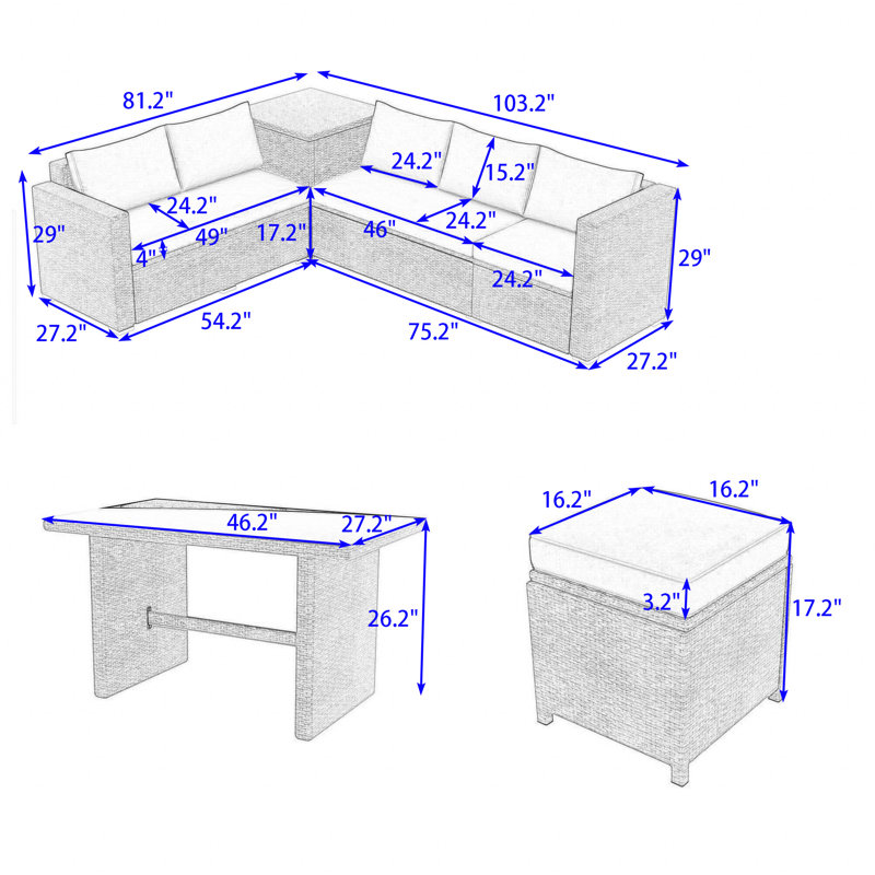 6-Piece Outdoor Sectional Sofa Set with Adjustable Backrests, Spacious Storage and Glass-Top Table, Grey