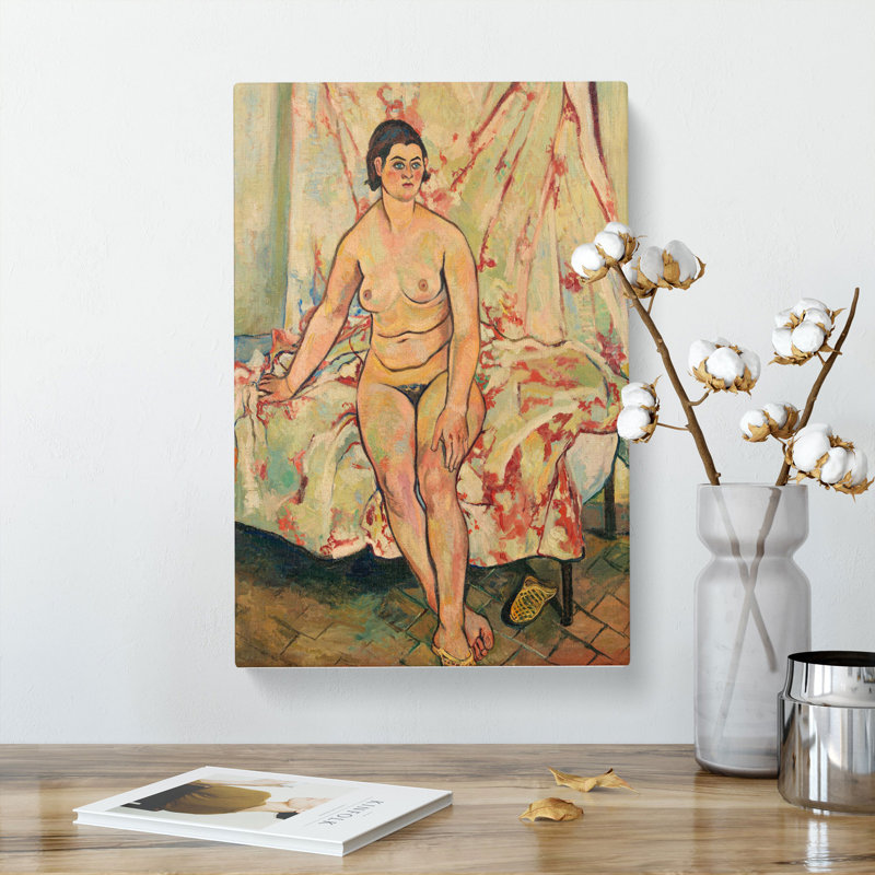 Nude Sitting On The Bed by - Wrapped Canvas Painting, 50cm H x 35cm W x 3cm D
