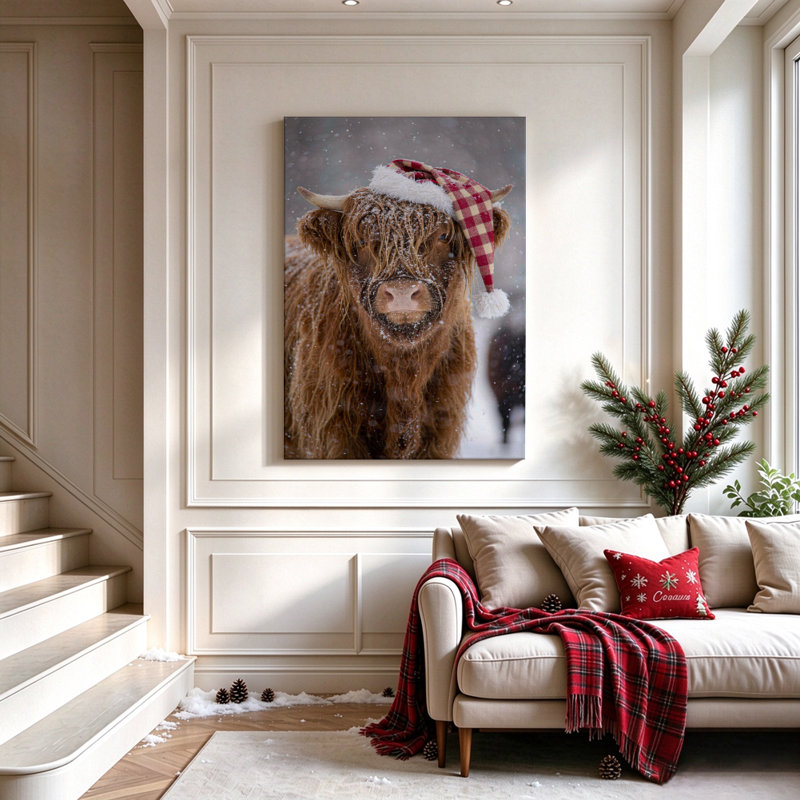 Tableau photographique de Noël représentant une vache des Highlands dans la neige profonde, toile tendue sur châssis, 61 x 91 cm, ambiance sereine et enneigée, marron et blanc, pour salon, chambre et couloir.