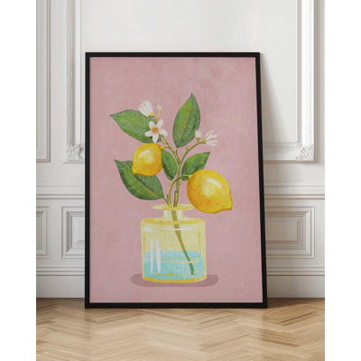 Reproduction d'art botanique citron - Illustration d'agrumes frais sur fond rose