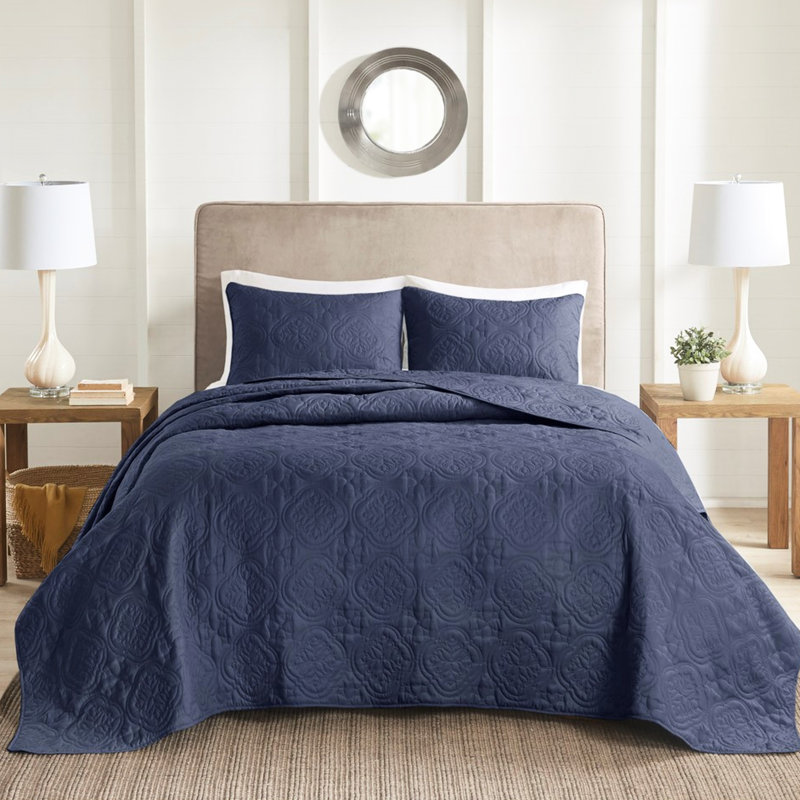 Ensemble de couvre-lit 3 pièces double / grand bleu marine - Microfibre et rembourrage, motif médaillon, lavable à la machine, style hongrois