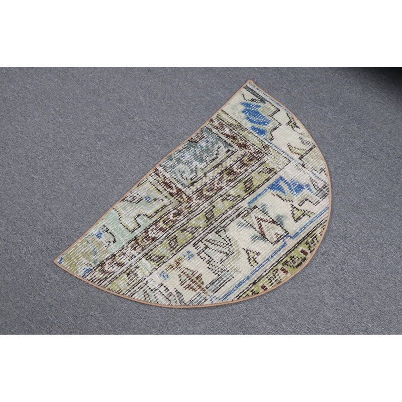 Antique Half Moon Turkish Rug Ideal For Small Entryways And Bathrooms With Bohemian Style And Colorful Oushak Design As Decorative Door Mat
