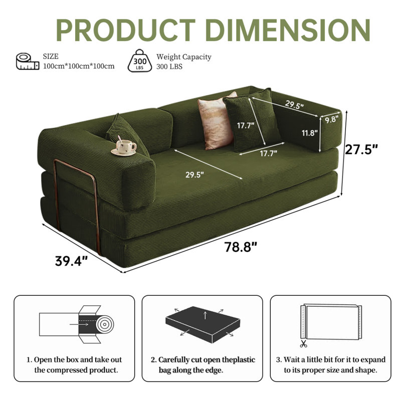 Canapé-lit modulaire convertible 2-en-1 avec matelas en mousse à mémoire de forme - aucun assemblage requis, canapé-lit peu encombrant pour salon, chambre à coucher, studio-2M6003-GREEN