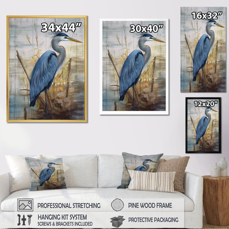 «Blue Heron By The Watersite Watercolor I», art mural oiseau, H 40 po x l 30 po x P 1,5 po, Cadre flottant doré