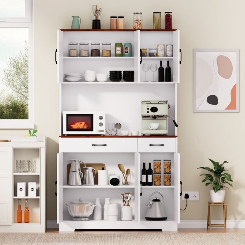 Armoire de cuisine 71 "avec station de charge, 8 tablettes réglables et 2 tiroirs, Blanc