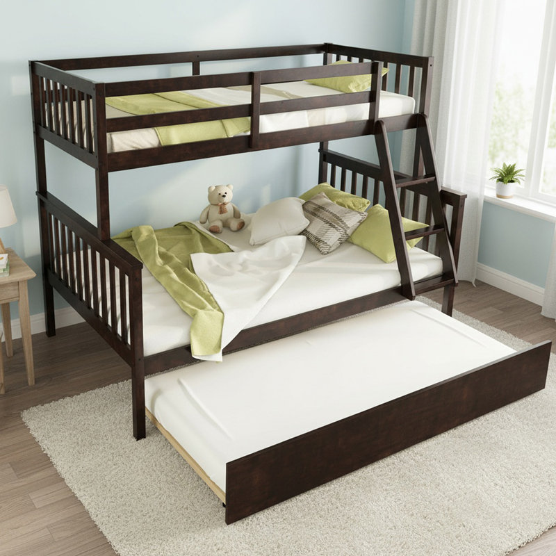 Solid Wood Twin Over Full Bunk Bed with Twin Size Trundle, Convertible Bunk Bed with Ladder and Guardrail for Boys& Girls