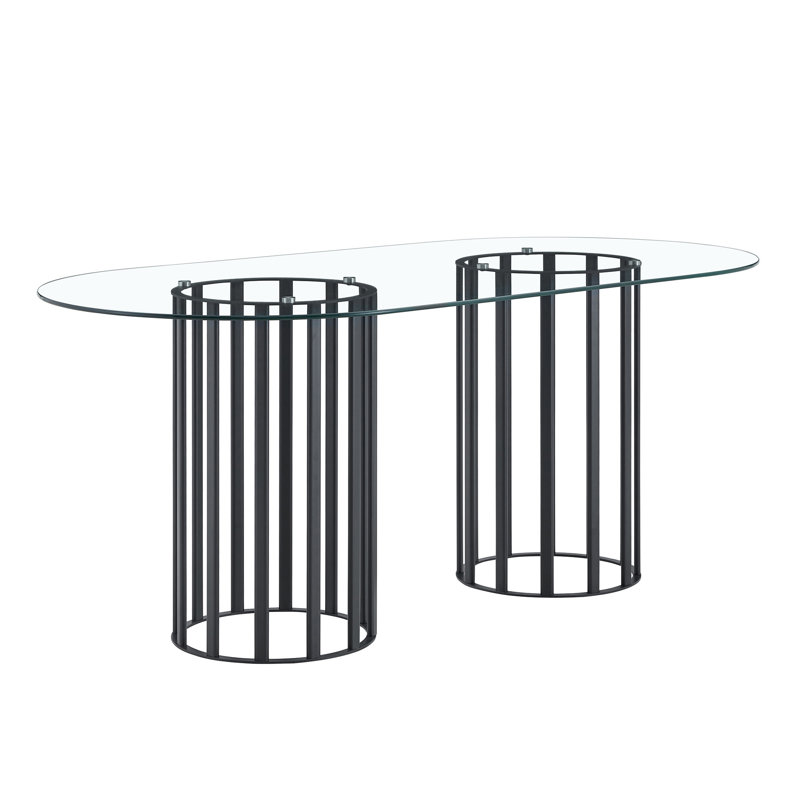 Table de salle à manger ovale en verre trempé 71 pouces, Transparent / noir